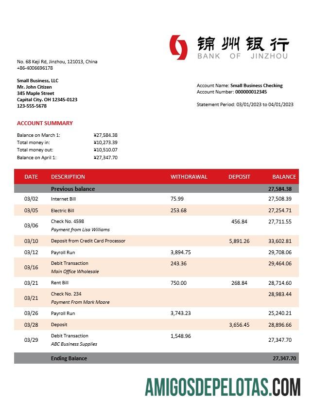 Imprimível Bank Of Jinzhou Organization modelo de extrato de conta Word e PDF